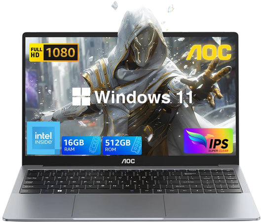 AOC Laptop Computer with N97 Processor(Up to 3.6GHz) 16GB RAM 512GB SSD Laptop 15.6 Inch FHD Screen Gaming Laptops Windows 11 Laptop Computer Light&Thin Metal Shell Webcam Type - C USB3.2 Grey - Catch Cards
