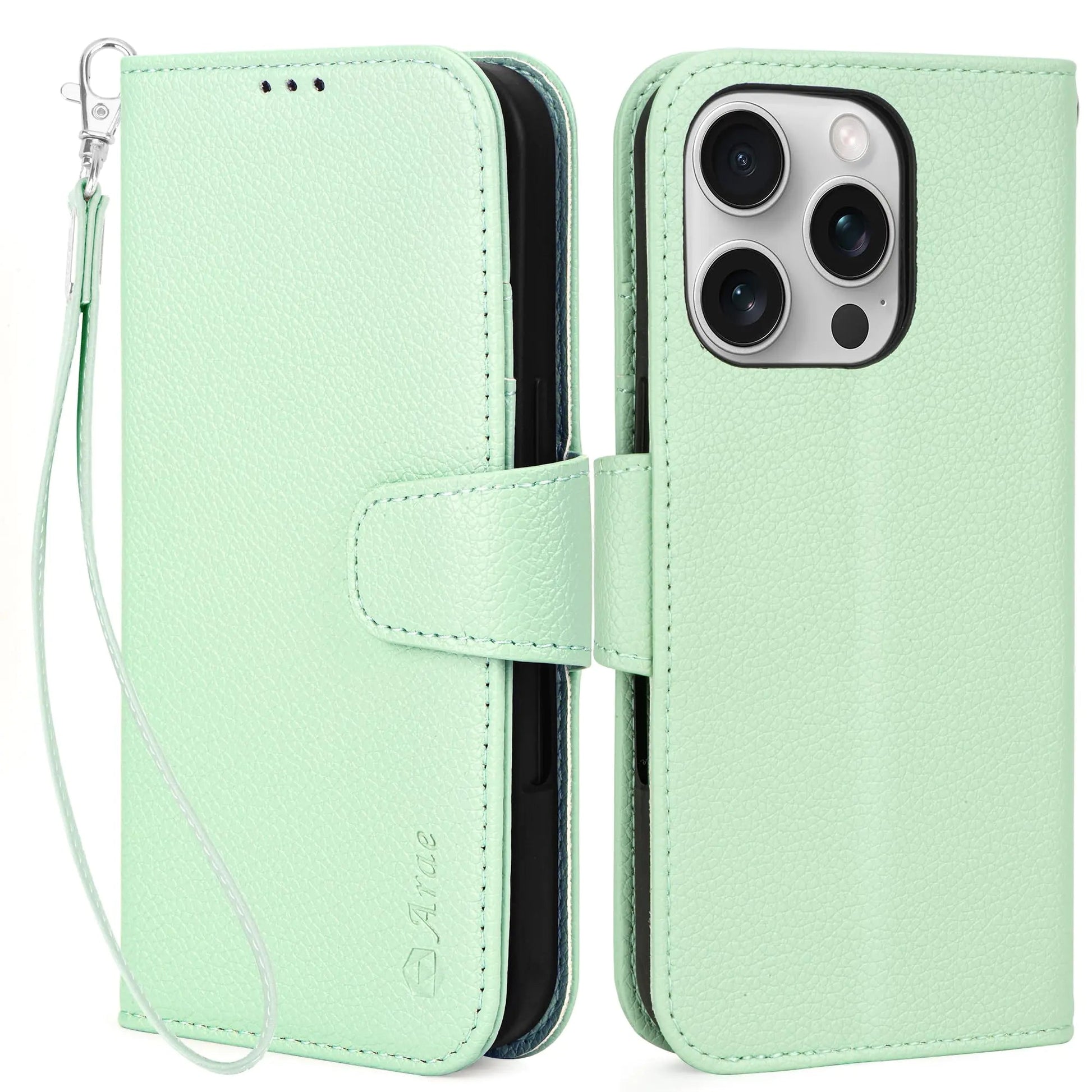 Arae Compatible with iPhone 16 Pro Case Wallet with Card Holder, Wristlet Strap Wallet Flip Cover for iPhone 16 Pro 6.3 inch Men/Women, RFID Blocking, Kickstand, Litchi Cyan - Catch Cards