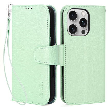 Arae Compatible with iPhone 16 Pro Case Wallet with Card Holder, Wristlet Strap Wallet Flip Cover for iPhone 16 Pro 6.3 inch Men/Women, RFID Blocking, Kickstand, Litchi Cyan - Catch Cards