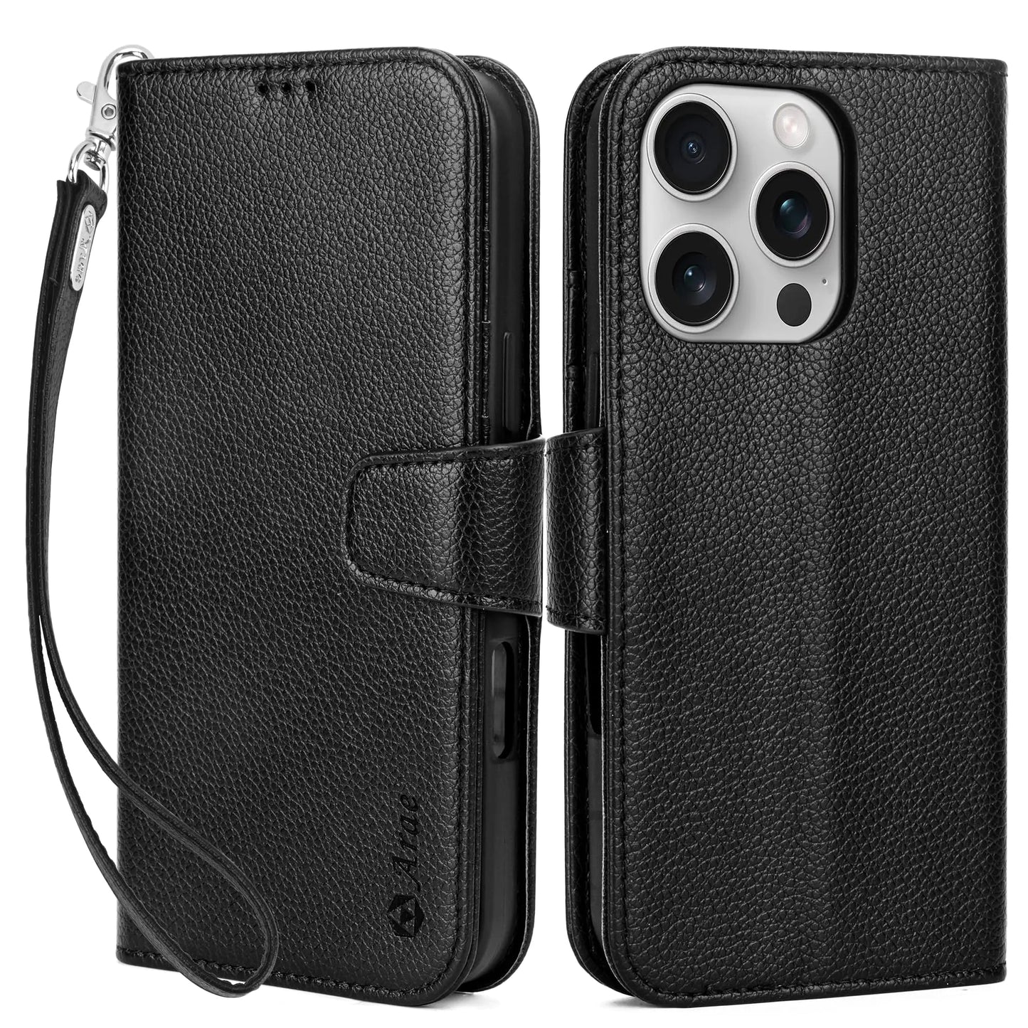 Arae Compatible with iPhone 16 Pro Case Wallet with Card Holder, Wristlet Strap Wallet Flip Cover for iPhone 16 Pro 6.3 inch Men/Women, RFID Blocking, Kickstand, Litchi Cyan - Catch Cards