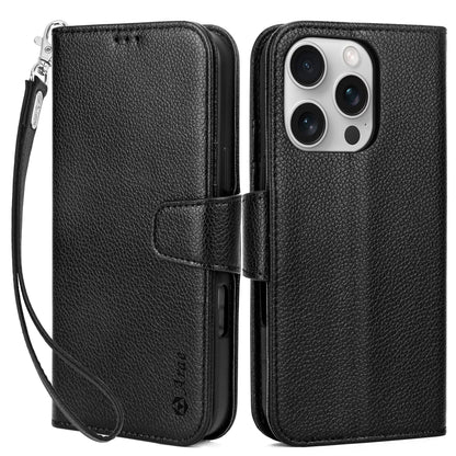 Arae Compatible with iPhone 16 Pro Case Wallet with Card Holder, Wristlet Strap Wallet Flip Cover for iPhone 16 Pro 6.3 inch Men/Women, RFID Blocking, Kickstand, Litchi Cyan - Catch Cards