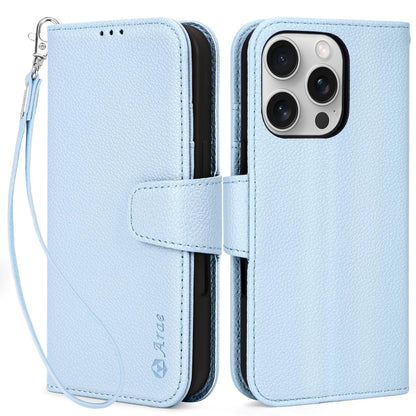 Arae Compatible with iPhone 16 Pro Case Wallet with Card Holder, Wristlet Strap Wallet Flip Cover for iPhone 16 Pro 6.3 inch Men/Women, RFID Blocking, Kickstand, Litchi Cyan - Catch Cards