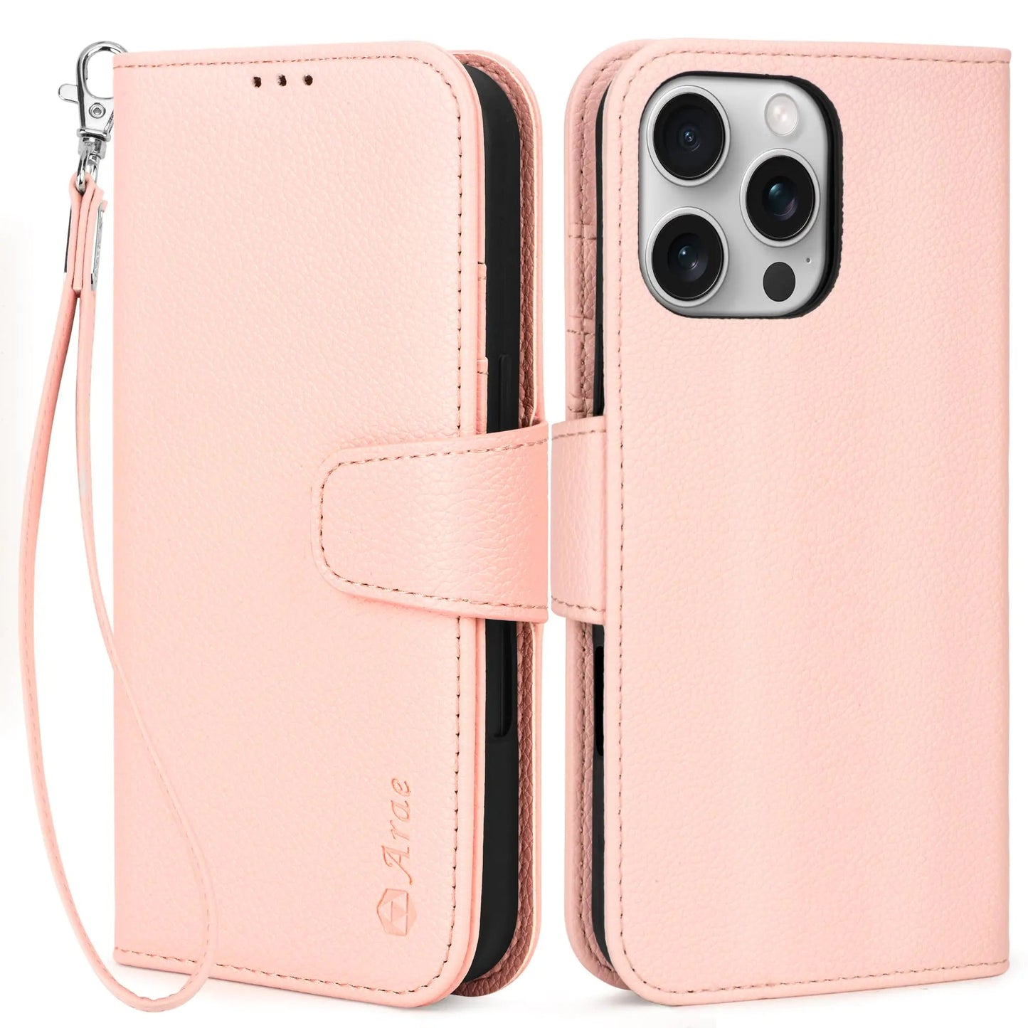 Arae Compatible with iPhone 16 Pro Case Wallet with Card Holder, Wristlet Strap Wallet Flip Cover for iPhone 16 Pro 6.3 inch Men/Women, RFID Blocking, Kickstand, Litchi Cyan - Catch Cards