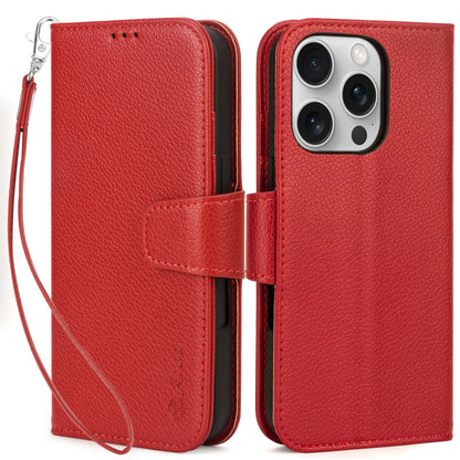 Arae Compatible with iPhone 16 Pro Case Wallet with Card Holder, Wristlet Strap Wallet Flip Cover for iPhone 16 Pro 6.3 inch Men/Women, RFID Blocking, Kickstand, Litchi Cyan - Catch Cards