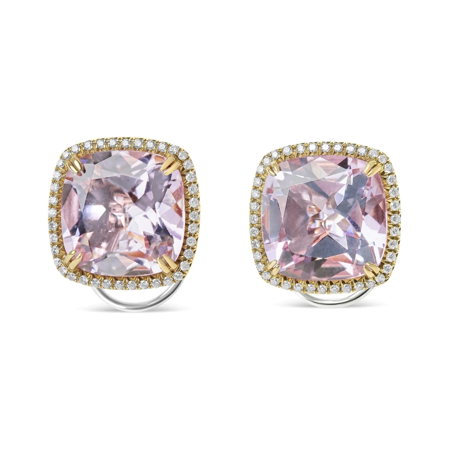 18K Rose and White Gold 9/10 Cttw Round Diamond and 15mm Cushion Cut Rose De France Pink Amethyst Gemstone Clip On Stud Earring (G-H Color, SI1-SI2 Clarity) WEM Support (www.WEM.support)