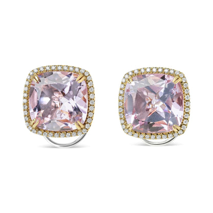 18K Rose and White Gold 9/10 Cttw Round Diamond and 15mm Cushion Cut Rose De France Pink Amethyst Gemstone Clip On Stud Earring (G-H Color, SI1-SI2 Clarity) WEM Support (www.WEM.support)