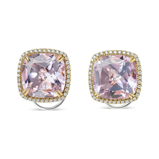 18K Rose and White Gold 9/10 Cttw Round Diamond and 15mm Cushion Cut Rose De France Pink Amethyst Gemstone Clip On Stud Earring (G-H Color, SI1-SI2 Clarity) WEM Support (www.WEM.support)