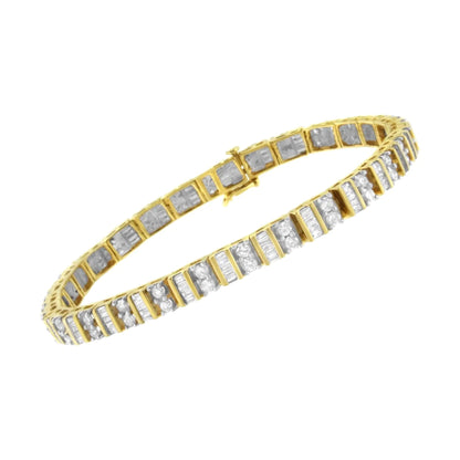 14KT Yellow Gold 4.0 Cttw Baguette & Round Brilliant-Cut Diamond Channel & Prong-Set Tennis Bracelet (H-I Color, SI2-I1 Clarity) - 7" WEM Support (www.WEM.support)