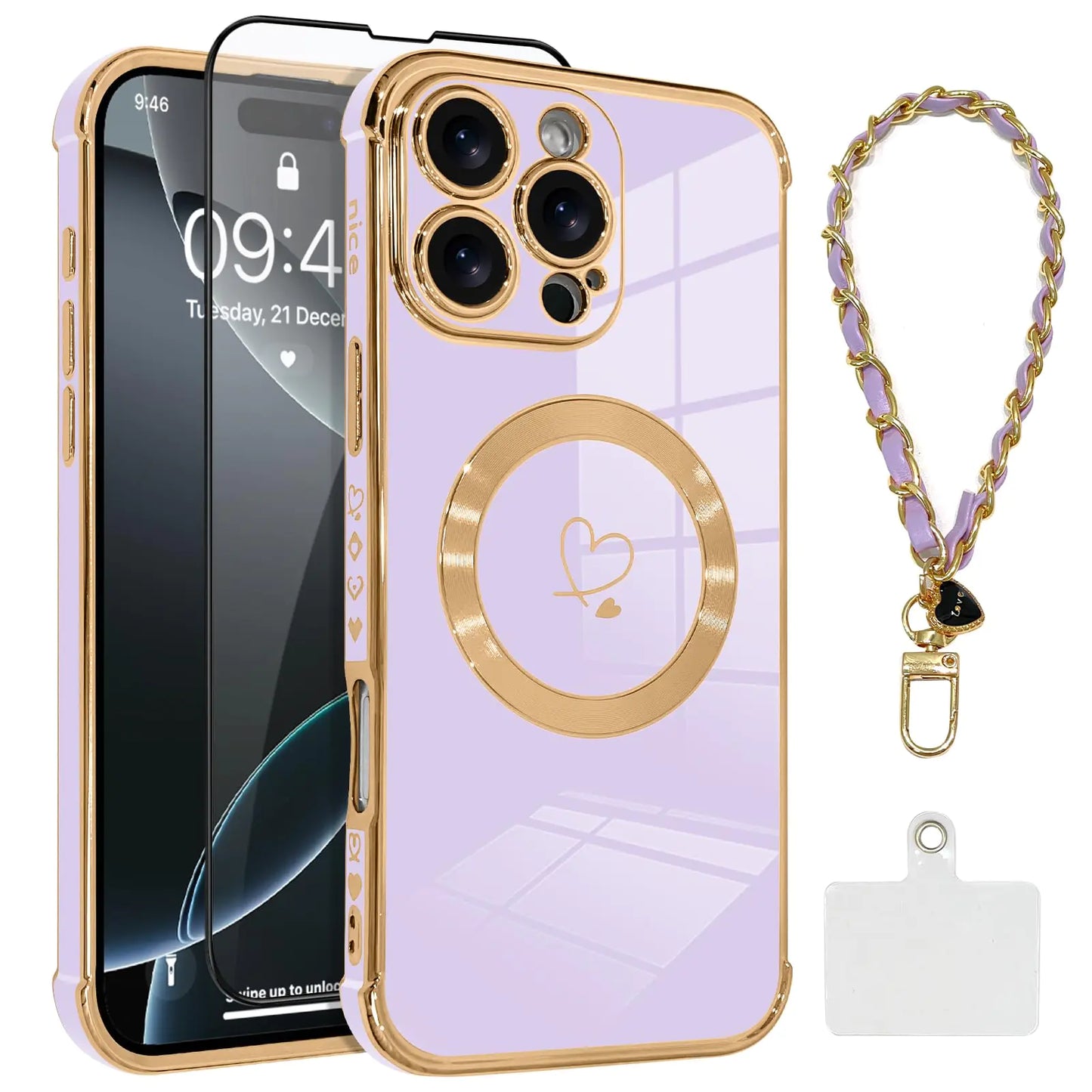 OOK Magnetic Phone Case for iPhone 14 Pro 6.1 Inch [Wireless Charging Compatible] Soft TPU Heart Design Shockproof Protection Electroplated Slim Case with Strap Lanyard - Pink
