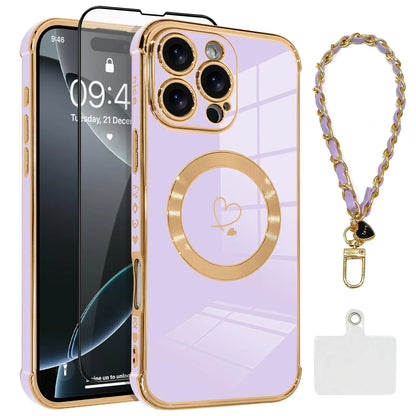 OOK Magnetic Phone Case for iPhone 14 Pro 6.1 Inch [Wireless Charging Compatible] Soft TPU Heart Design Shockproof Protection Electroplated Slim Case with Strap Lanyard - Pink