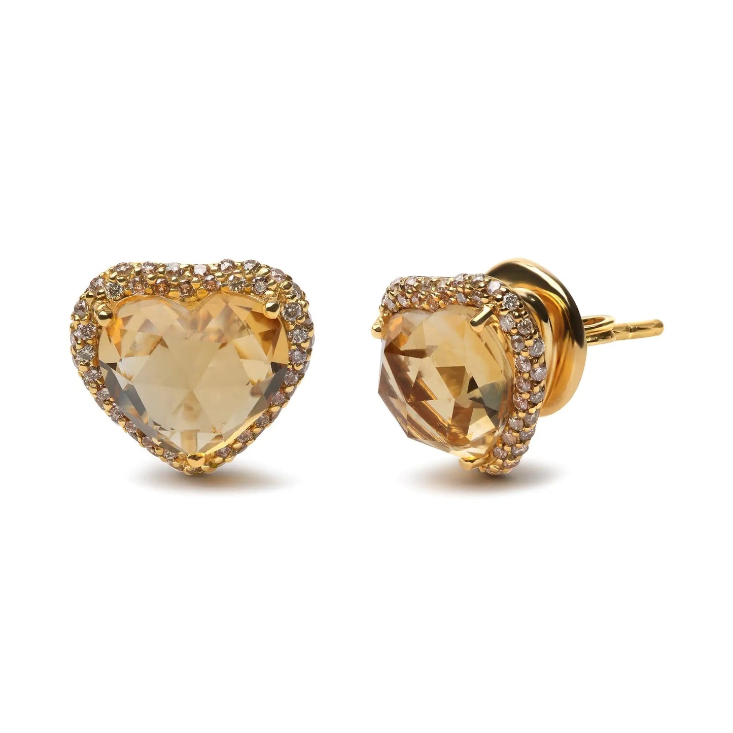 18K Yellow Gold 2/3 Cttw Brown Diamonds and 11x11mm Heart-Cut Yellow Citrine Gemstone Halo Heart Stud Earrings (Brown Color, SI1-SI2 Clarity) WEM Support (www.WEM.support)