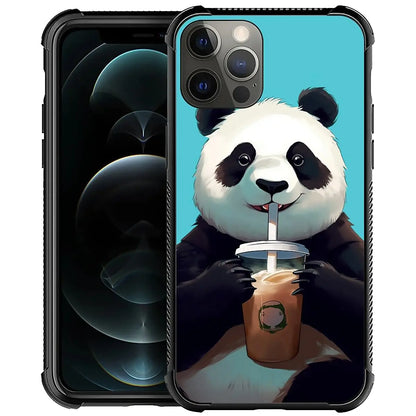 for iPhone 13 Case, Cute Cartoon Panda Drink Coffee Pattern Graphic Design for Girl Boy Soft Silicone Hard Acrylic Shock Protection Designed for iPhone 13