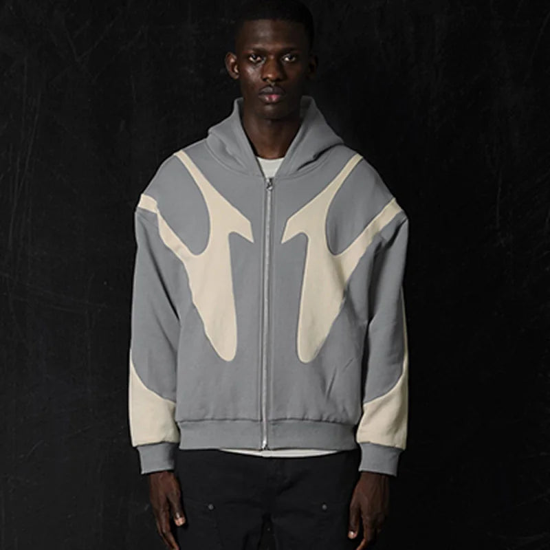 Pattern Stitching Hooded Cardigan Zipper Sweater WEM Support (www.WEM.support)