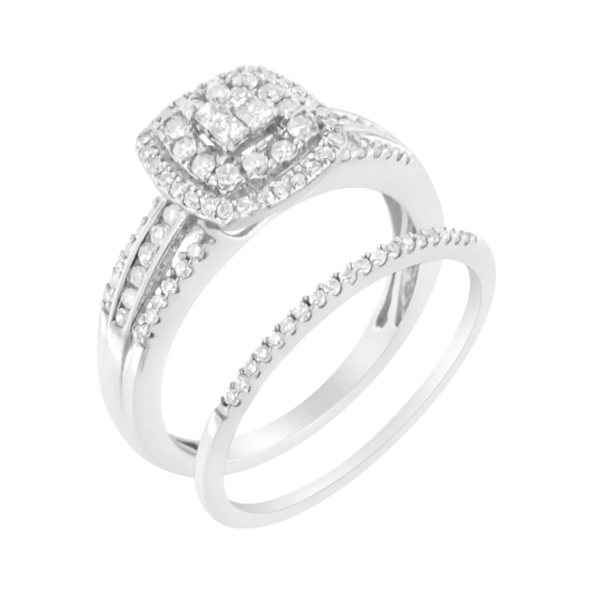 10K White Gold 1/2 cttw Round and Princess-Cut Diamond Engagement Ring and Band Set (H-I Color, I1-I2 Clarity) WEM Support (www.WEM.support)
