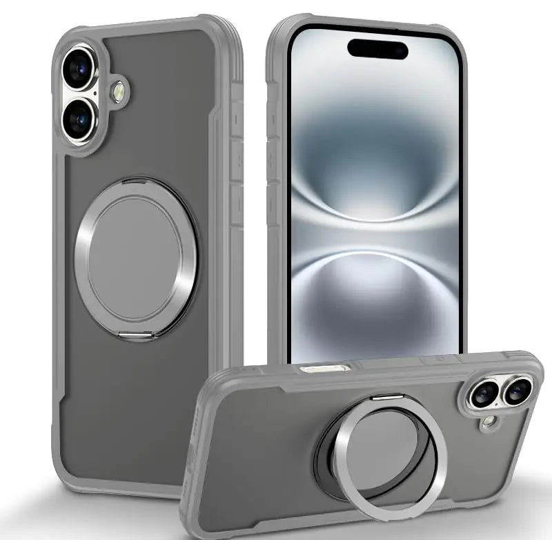 BIGFACE Silicone Case for iPhone 16 Plus with Stand, 360° Rotatable Magnetic Ring Holder Compatible with Magsafe, Military - Grade Drop Protection Case for iPhone 16 Plus Gray Matte - Catch Cards