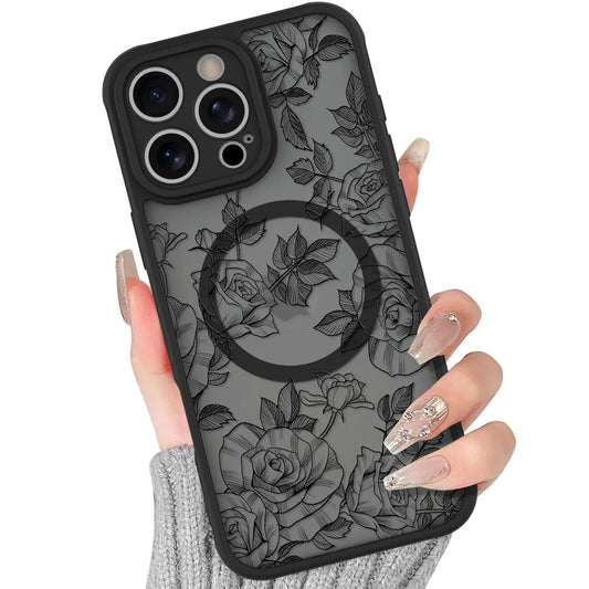 BITOBE Floral Case for iPhone 13 [Compatible with MagSafe] Cute Flower Pattern Case for Women Girls Soft TPU Bumper Translucent Magnetic Slim Protective Cover - Black Rose - Catch Cards