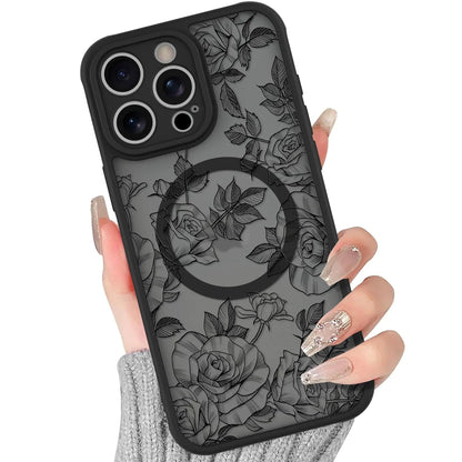 BITOBE Floral Case for iPhone 13 [Compatible with MagSafe] Cute Flower Pattern Case for Women Girls Soft TPU Bumper Translucent Magnetic Slim Protective Cover - Black Rose - Catch Cards