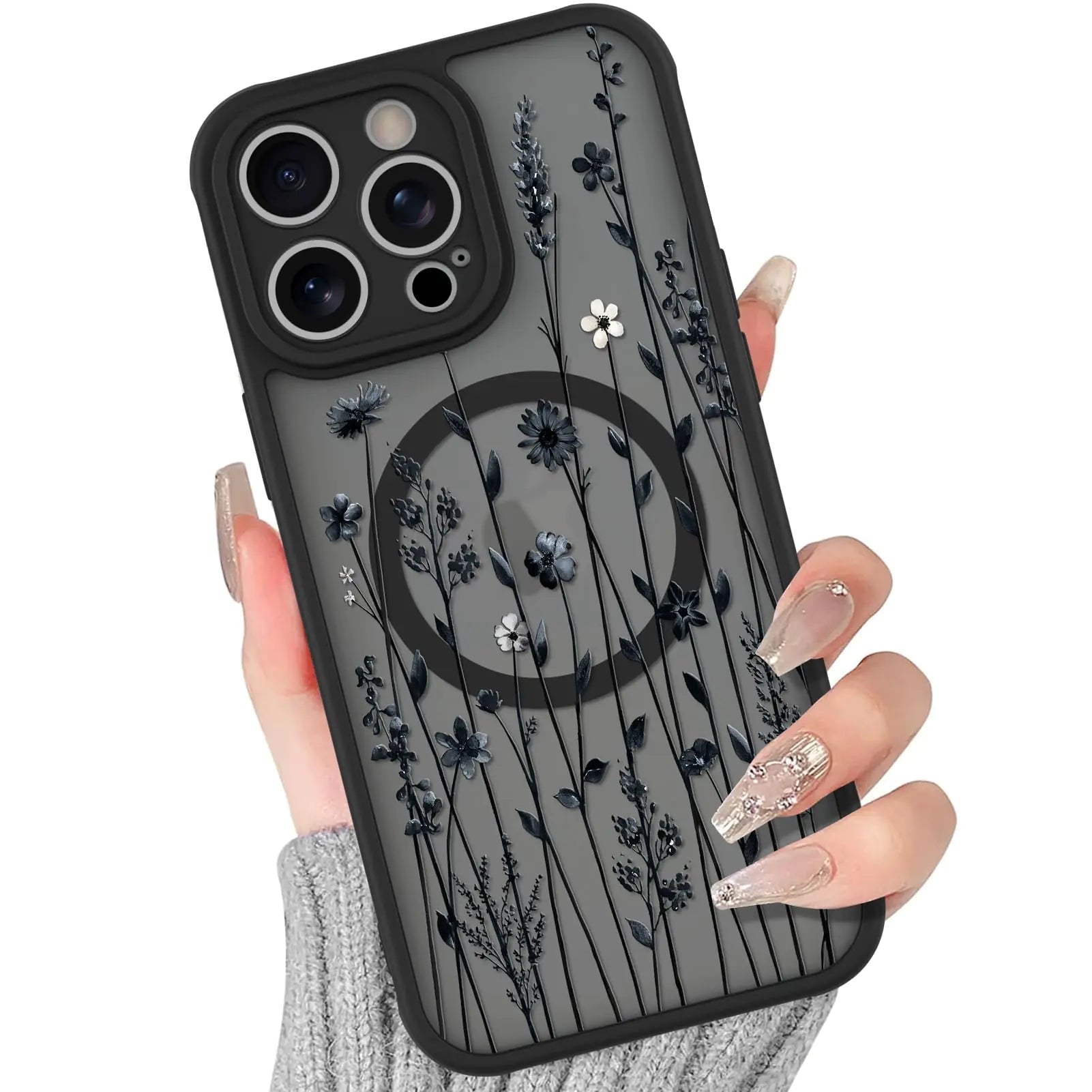 BITOBE Floral Case for iPhone 13 [Compatible with MagSafe] Cute Flower Pattern Case for Women Girls Soft TPU Bumper Translucent Magnetic Slim Protective Cover - Black Rose - Catch Cards