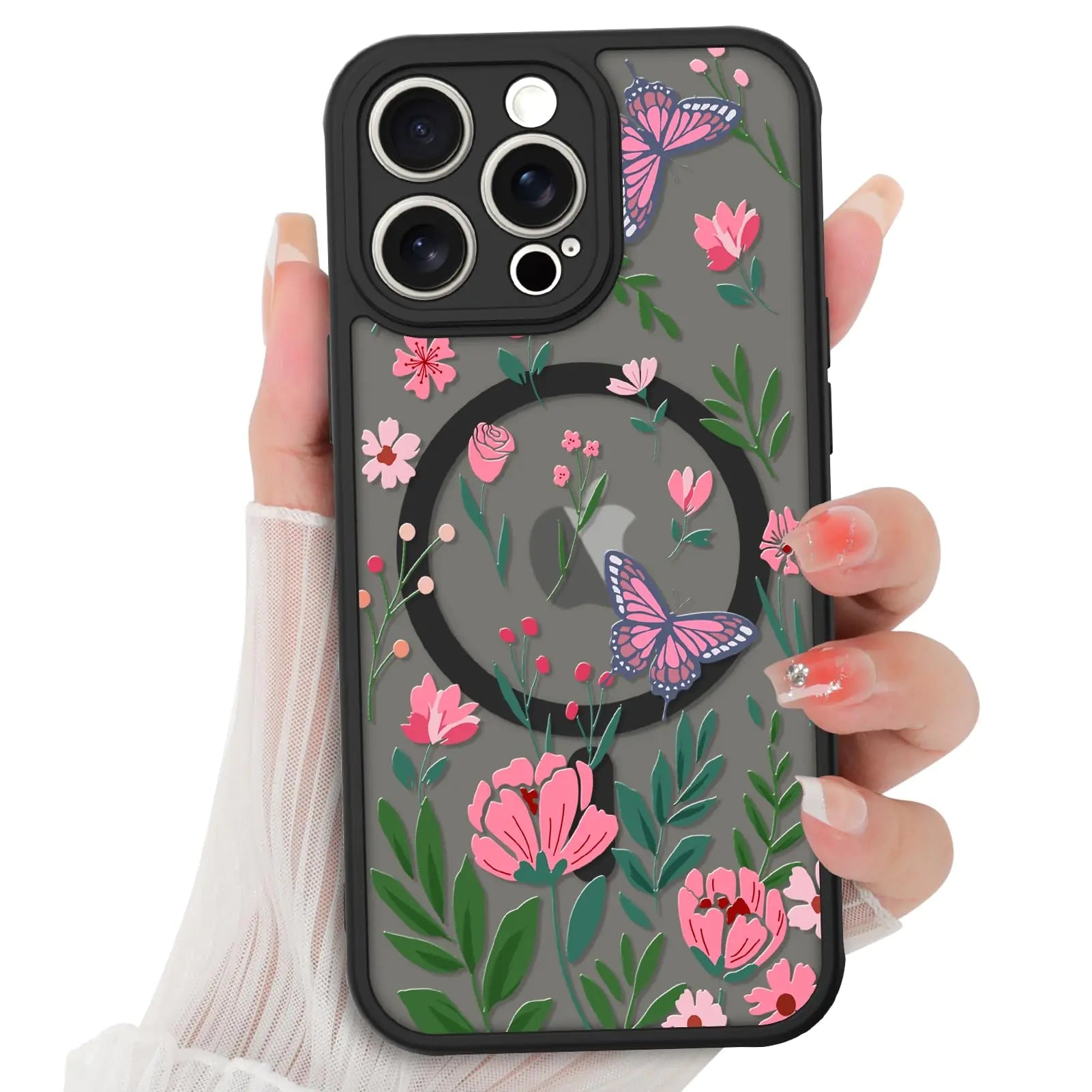 BITOBE Floral Case for iPhone 13 [Compatible with MagSafe] Cute Flower Pattern Case for Women Girls Soft TPU Bumper Translucent Magnetic Slim Protective Cover - Black Rose - Catch Cards