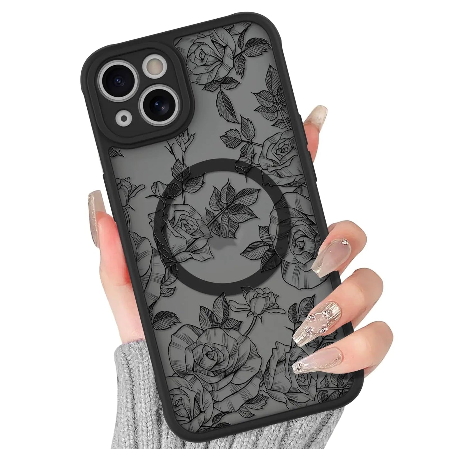 BITOBE Floral Case for iPhone 13 [Compatible with MagSafe] Cute Flower Pattern Case for Women Girls Soft TPU Bumper Translucent Magnetic Slim Protective Cover - Black Rose - Catch Cards