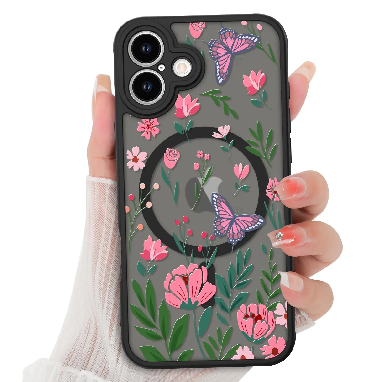 BITOBE Floral Case for iPhone 13 [Compatible with MagSafe] Cute Flower Pattern Case for Women Girls Soft TPU Bumper Translucent Magnetic Slim Protective Cover - Black Rose - Catch Cards