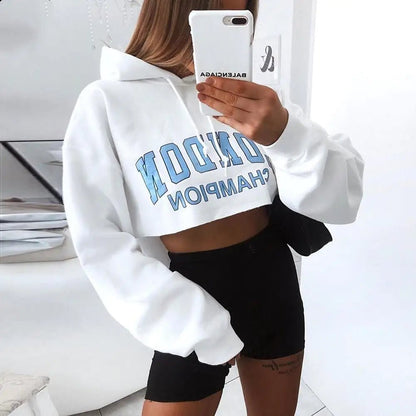 Blue Letter Hooded Cropped Sweatshirt with Long Sleeves - Catch Cards