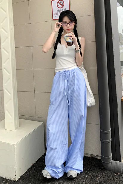 Blue Striped High - Waist Pants - Catch Cards