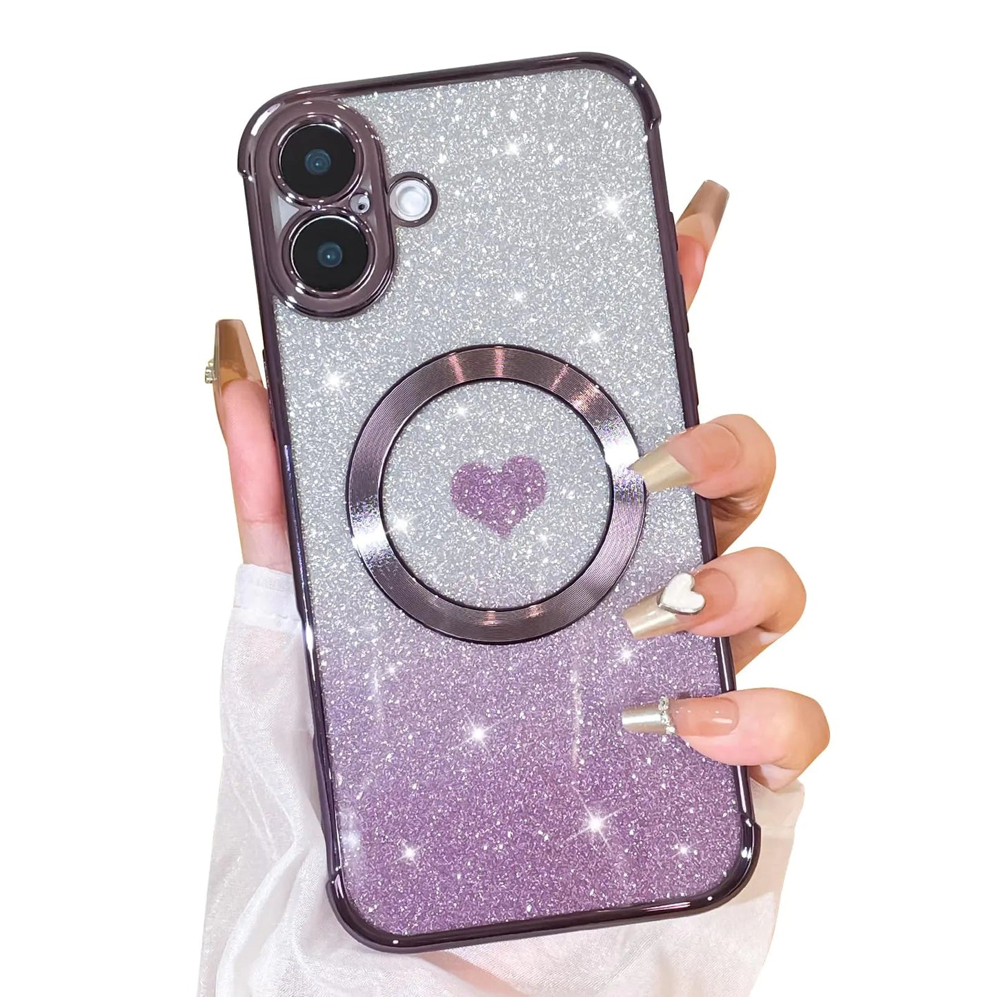 Bonoma Magnetic Glitter for iPhone 16 Plus [ Compatible with MagSafe ], Luxury Love Heart Pattern Plating Bling Clear Case,Camera Protection Sparkly Slim Soft Back Cover for Women Girls,Silver - Catch Cards
