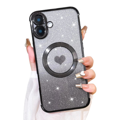 Bonoma Magnetic Glitter for iPhone 16 Plus [ Compatible with MagSafe ], Luxury Love Heart Pattern Plating Bling Clear Case,Camera Protection Sparkly Slim Soft Back Cover for Women Girls,Silver - Catch Cards
