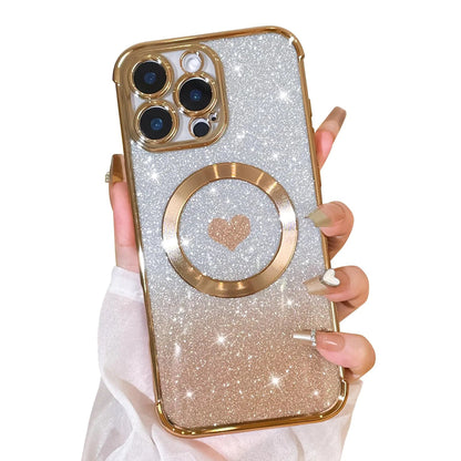 Bonoma Magnetic Glitter for iPhone 16 Plus [ Compatible with MagSafe ], Luxury Love Heart Pattern Plating Bling Clear Case,Camera Protection Sparkly Slim Soft Back Cover for Women Girls,Silver - Catch Cards