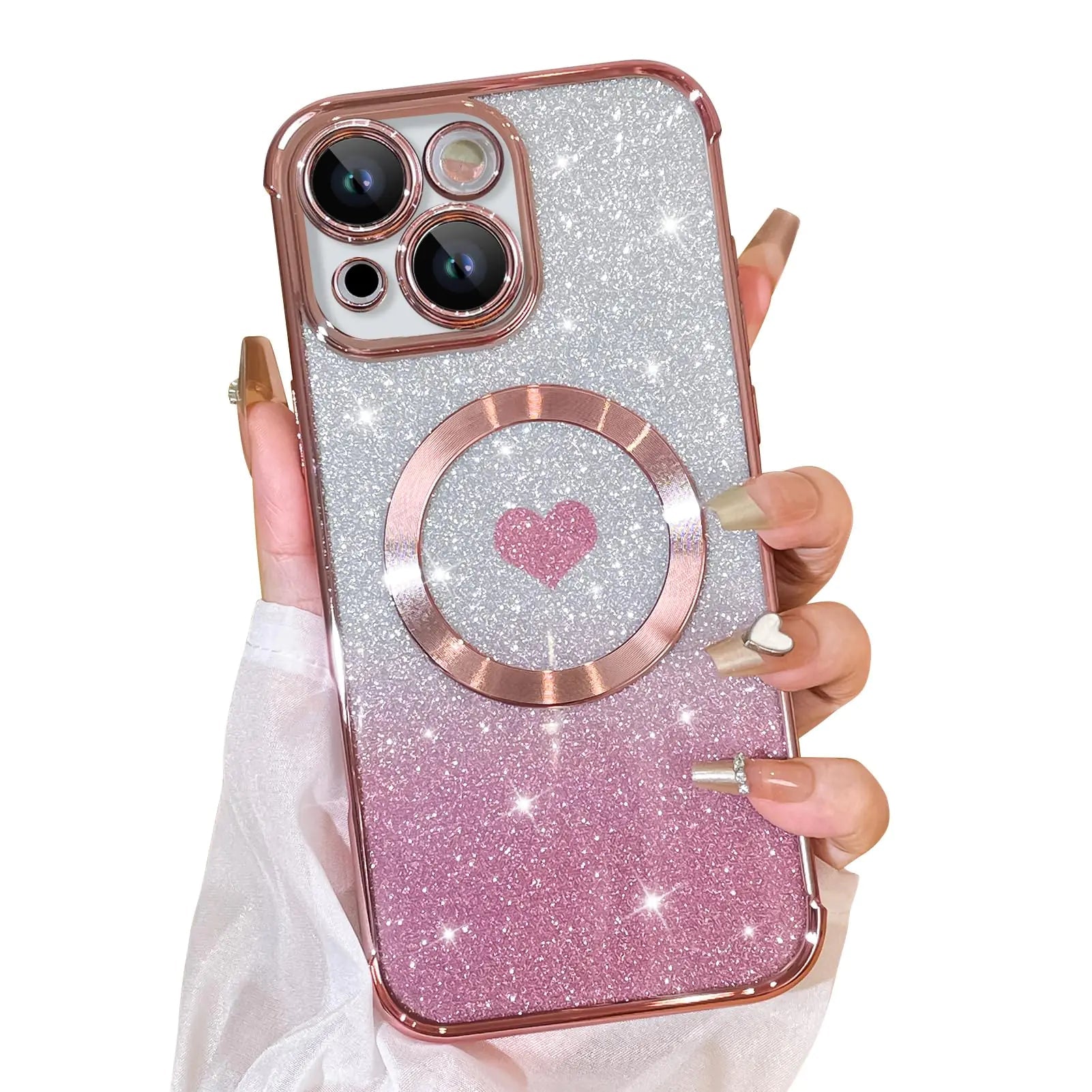 Bonoma Magnetic Glitter for iPhone 16 Plus [ Compatible with MagSafe ], Luxury Love Heart Pattern Plating Bling Clear Case,Camera Protection Sparkly Slim Soft Back Cover for Women Girls,Silver - Catch Cards