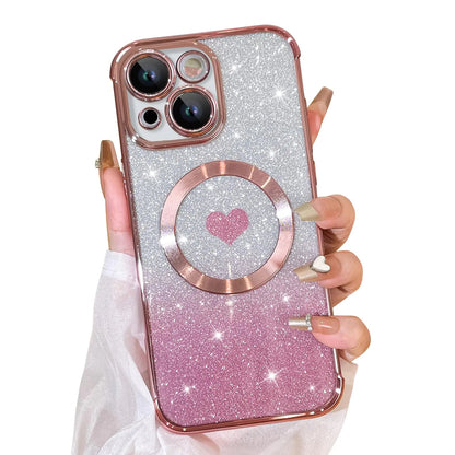 Bonoma Magnetic Glitter for iPhone 16 Plus [ Compatible with MagSafe ], Luxury Love Heart Pattern Plating Bling Clear Case,Camera Protection Sparkly Slim Soft Back Cover for Women Girls,Silver - Catch Cards