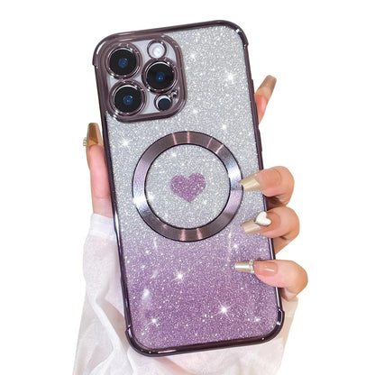 Bonoma Magnetic Glitter for iPhone 16 Plus [ Compatible with MagSafe ], Luxury Love Heart Pattern Plating Bling Clear Case,Camera Protection Sparkly Slim Soft Back Cover for Women Girls,Silver - Catch Cards
