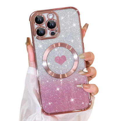 Bonoma Magnetic Glitter for iPhone 16 Plus [ Compatible with MagSafe ], Luxury Love Heart Pattern Plating Bling Clear Case,Camera Protection Sparkly Slim Soft Back Cover for Women Girls,Silver - Catch Cards
