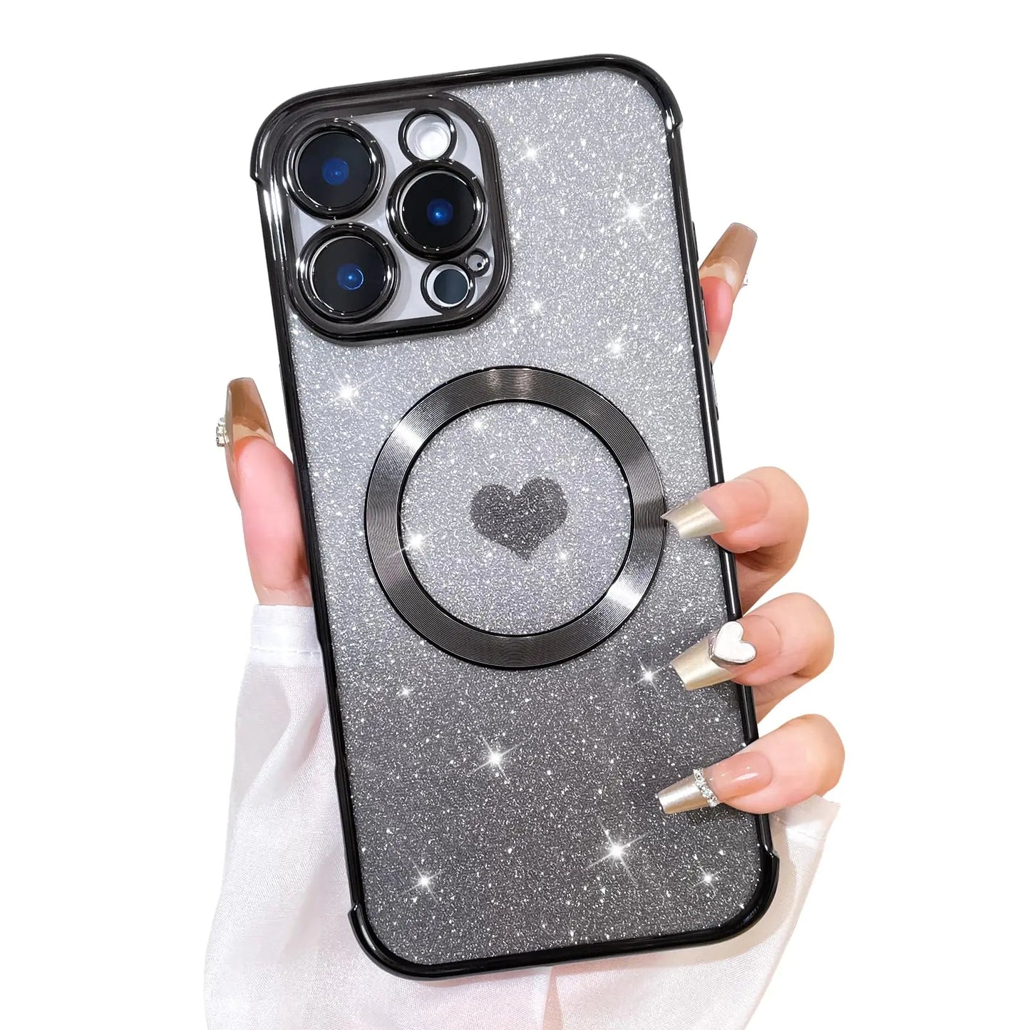 Bonoma Magnetic Glitter for iPhone 16 Plus [ Compatible with MagSafe ], Luxury Love Heart Pattern Plating Bling Clear Case,Camera Protection Sparkly Slim Soft Back Cover for Women Girls,Silver - Catch Cards