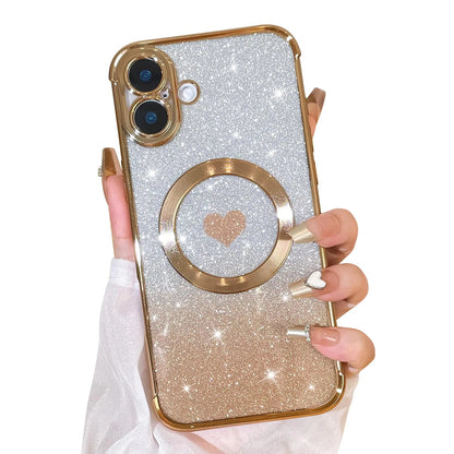 Bonoma Magnetic Glitter for iPhone 16 Plus [ Compatible with MagSafe ], Luxury Love Heart Pattern Plating Bling Clear Case,Camera Protection Sparkly Slim Soft Back Cover for Women Girls,Silver - Catch Cards