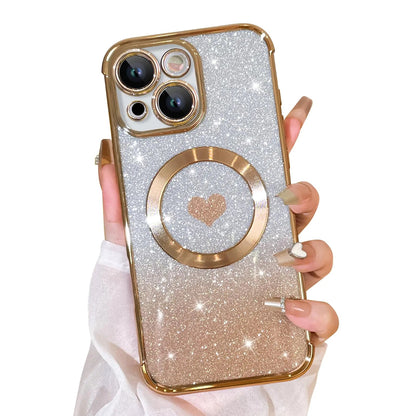 Bonoma Magnetic Glitter for iPhone 16 Plus [ Compatible with MagSafe ], Luxury Love Heart Pattern Plating Bling Clear Case,Camera Protection Sparkly Slim Soft Back Cover for Women Girls,Silver - Catch Cards