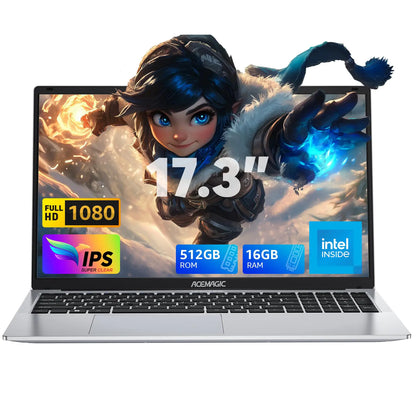 ACEMAGIC 17.3inch Laptop with High Performance Quad Core-12th Alder Lake N97 Laptop ComputerSpacious Storage with 16GB RAM 512GB ROMLong Lasting 6000mAh Battery-Silver