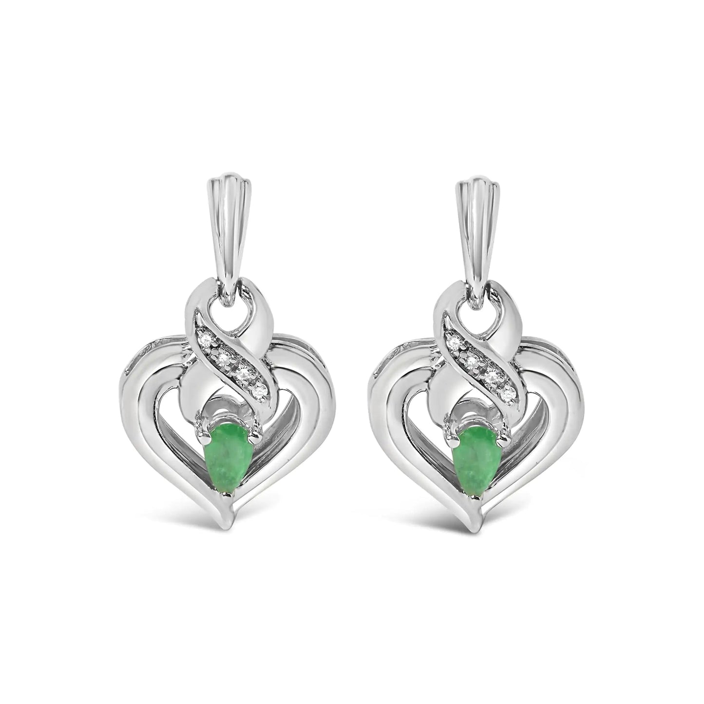 .925 Sterling Silver 5x3mm Pear Emerald Gemstone with Diamond Accent Heart Dangle Stud Earrings (H-I Color, SI1-SI2 Clarity) WEM Support (www.WEM.support)