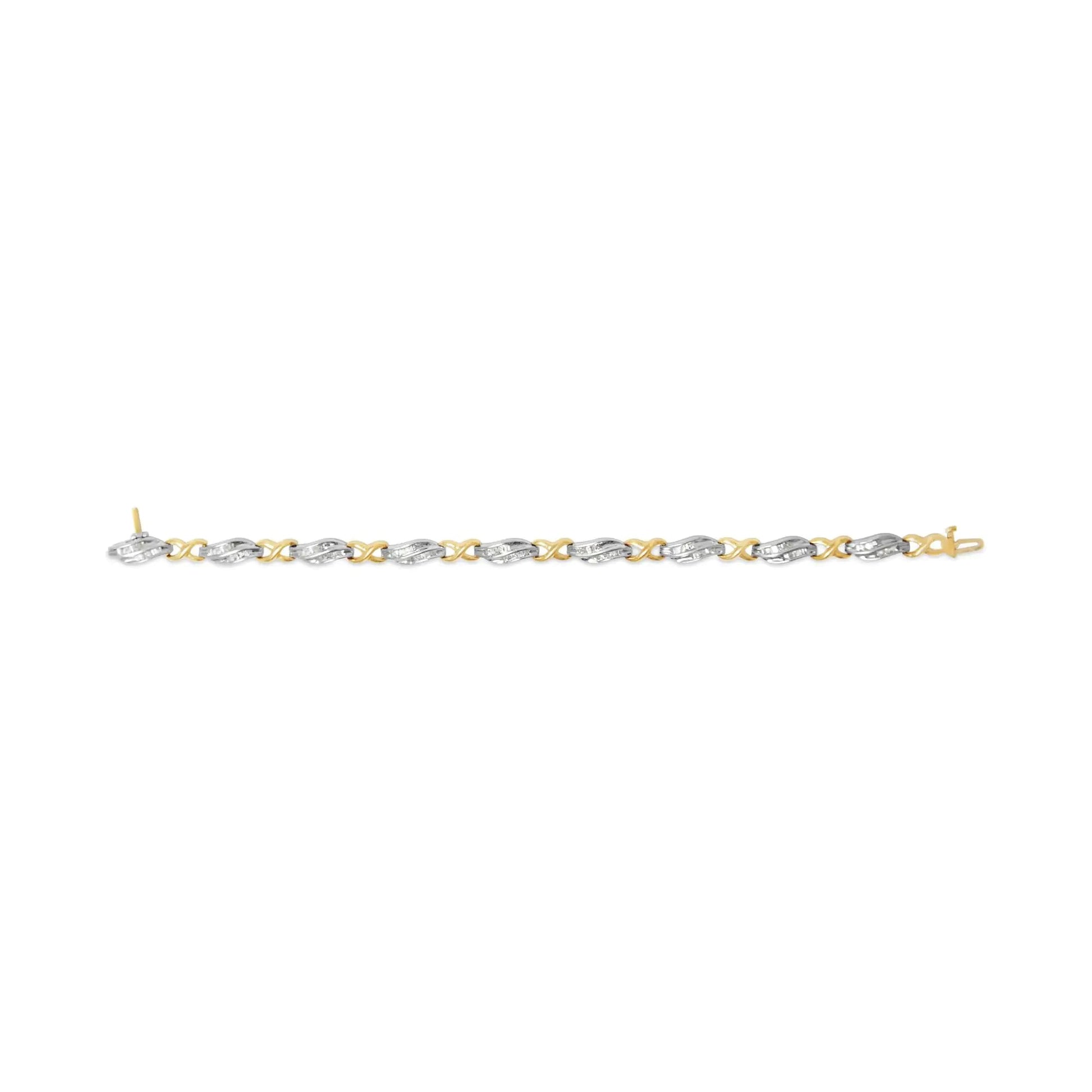 10K Two Tone Gold 1.00 Cttw Channel Set Baguette Diamond Chevron Wave Link 7" Bracelet (I-J Color, I2-I3 Clarity) WEM Support (www.WEM.support)