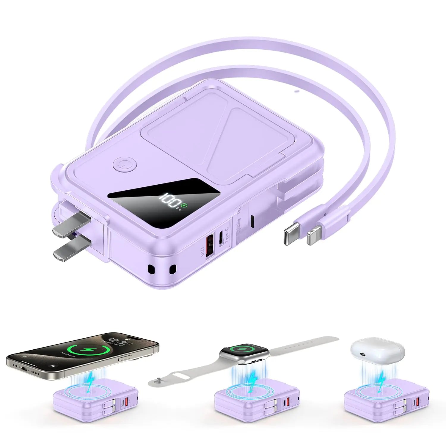 Wireless Portable Charger,3-in-1 Magnetic Power Bank 10000mAh Built in Cables and AC Plug,22.5W Fast Charging Mag-Safe Battery Pack,Compatible with iPhone 15/14/13/12,Apple Watch Series,Airpods - HejK.com Marketplace LLC