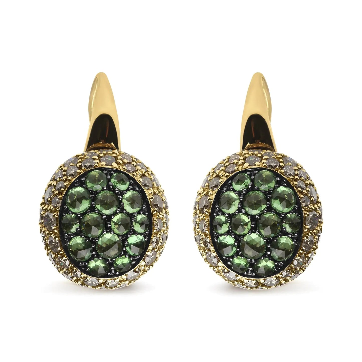 18K Yellow Gold 3 1/2 Cttw Diamond and Round Green Tsavorite Gemstone Round Domed Drop Hoop Earrings (Brown Color, SI1-SI2 Clarity) WEM Support (www.WEM.support)