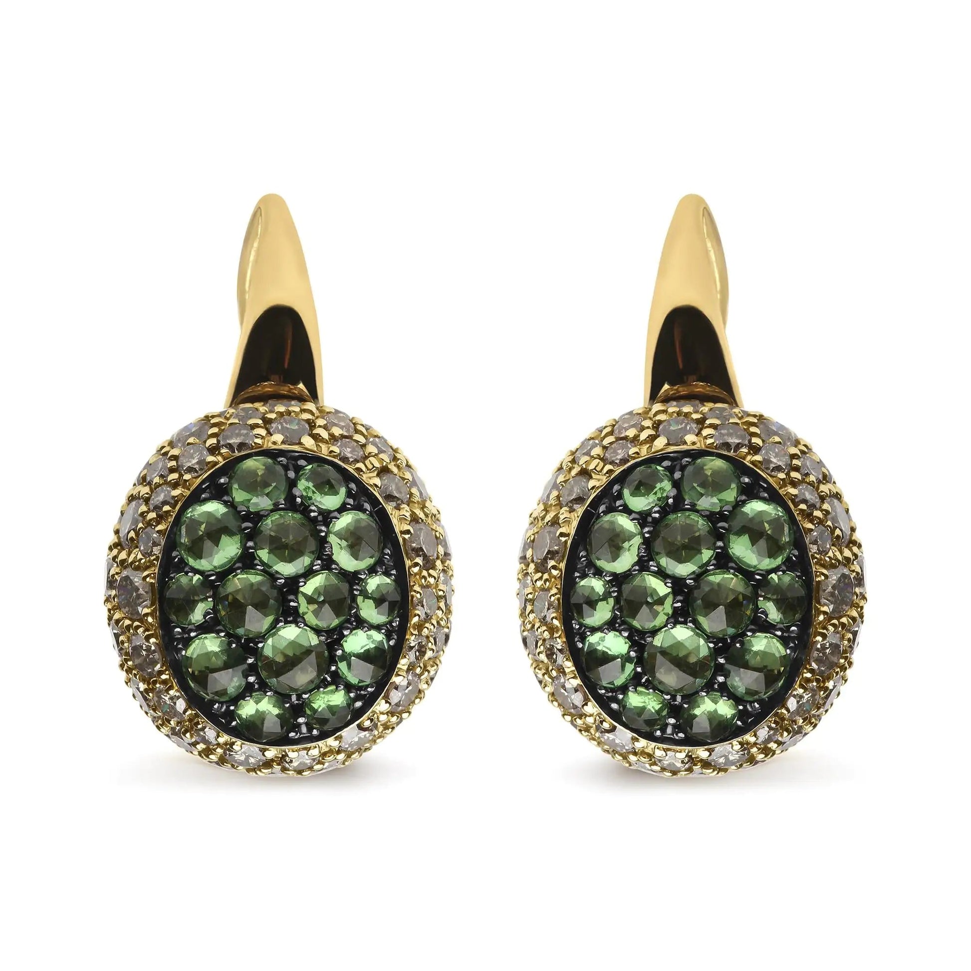 18K Yellow Gold 3 1/2 Cttw Diamond and Round Green Tsavorite Gemstone Round Domed Drop Hoop Earrings (Brown Color, SI1-SI2 Clarity) WEM Support (www.WEM.support)