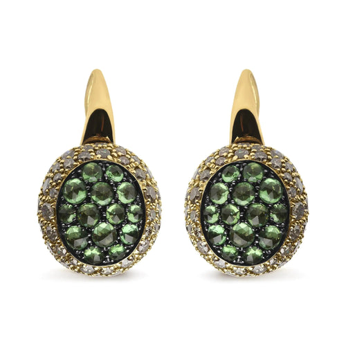 18K Yellow Gold 3 1/2 Cttw Diamond and Round Green Tsavorite Gemstone Round Domed Drop Hoop Earrings (Brown Color, SI1-SI2 Clarity) WEM Support (www.WEM.support)