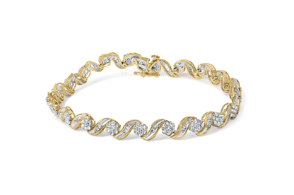 10K Yellow Gold 2.00 Cttw Round-Cut and Baguette-Cut Diamond Floral Design Swirl Link 7" Bracelet (I-J Color, I1-I2 Clarity) WEM Support (www.WEM.support)