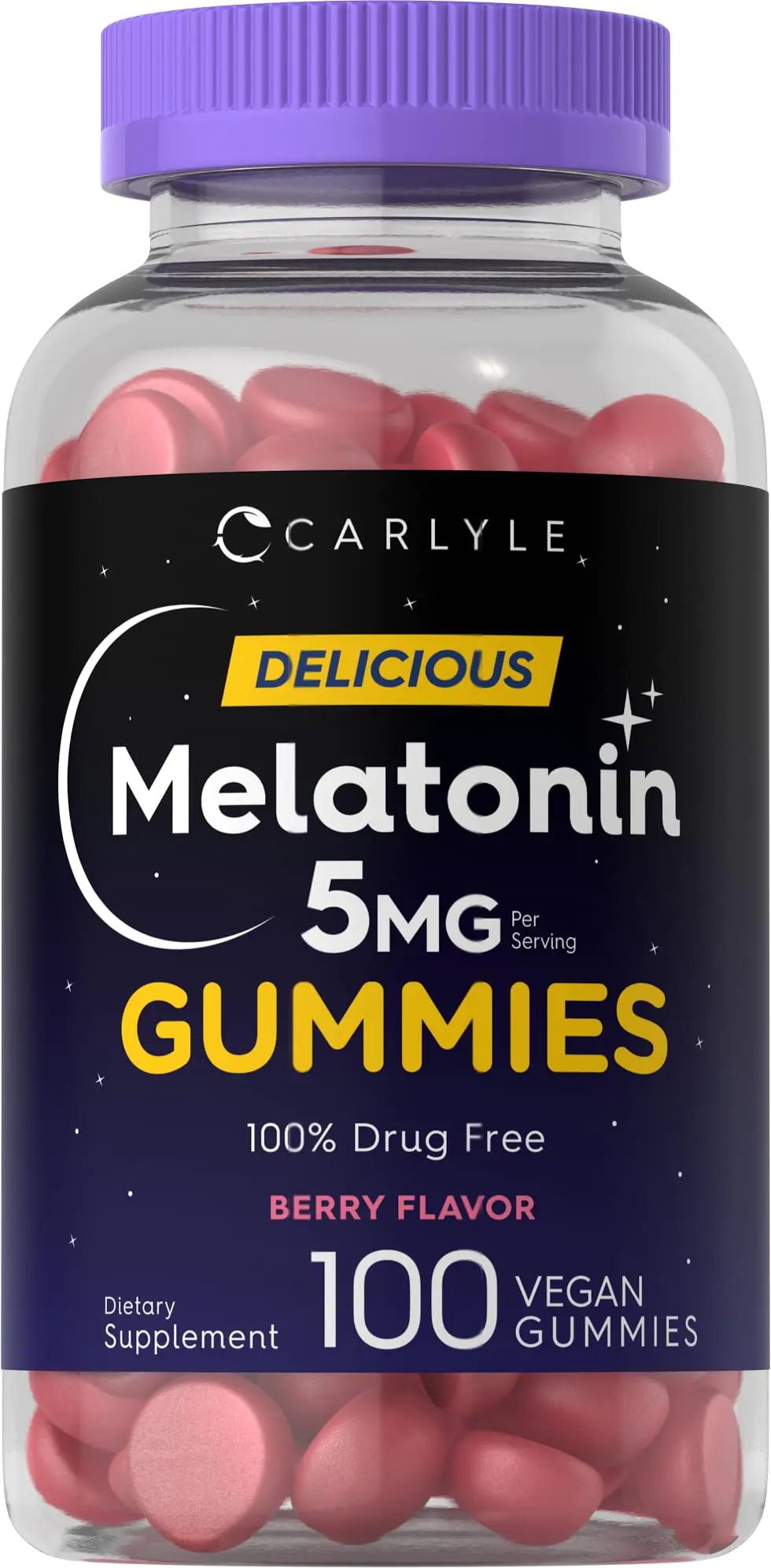 Carlyle Melatonin 5mg Gummies | 100 Count | Berry Flavor | 100% Drug Free | Non - GMO Gluten Free Supplement - Catch Cards