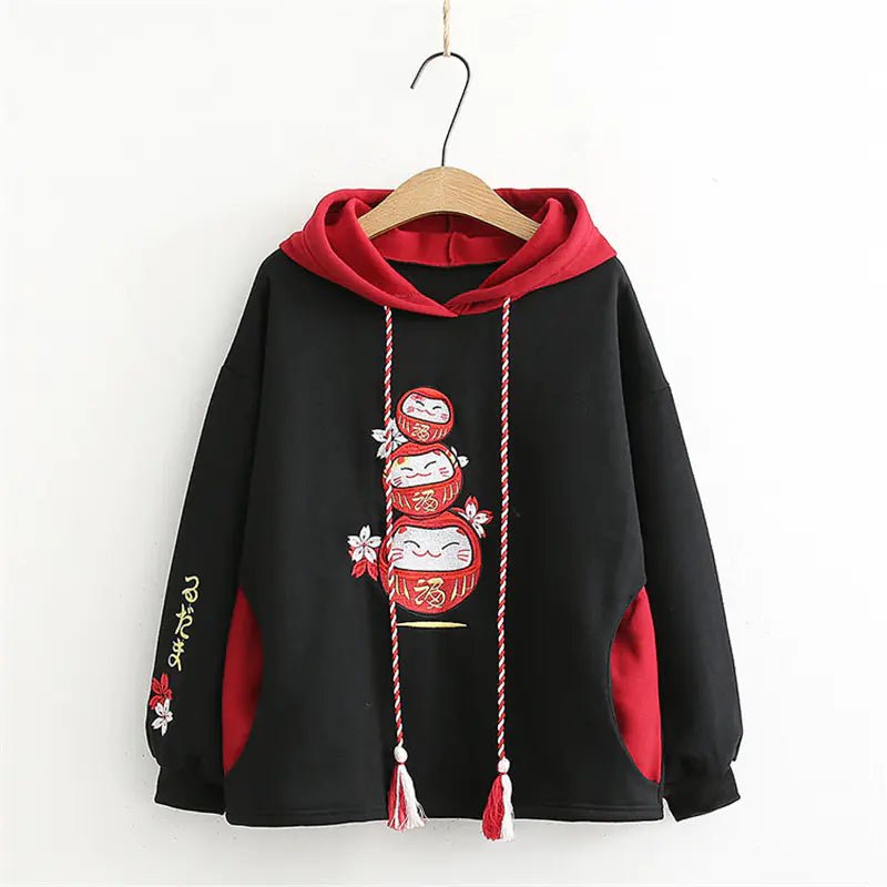 Casual Cartoon Embroidery Hooded Velvet Sweater - Catch Cards