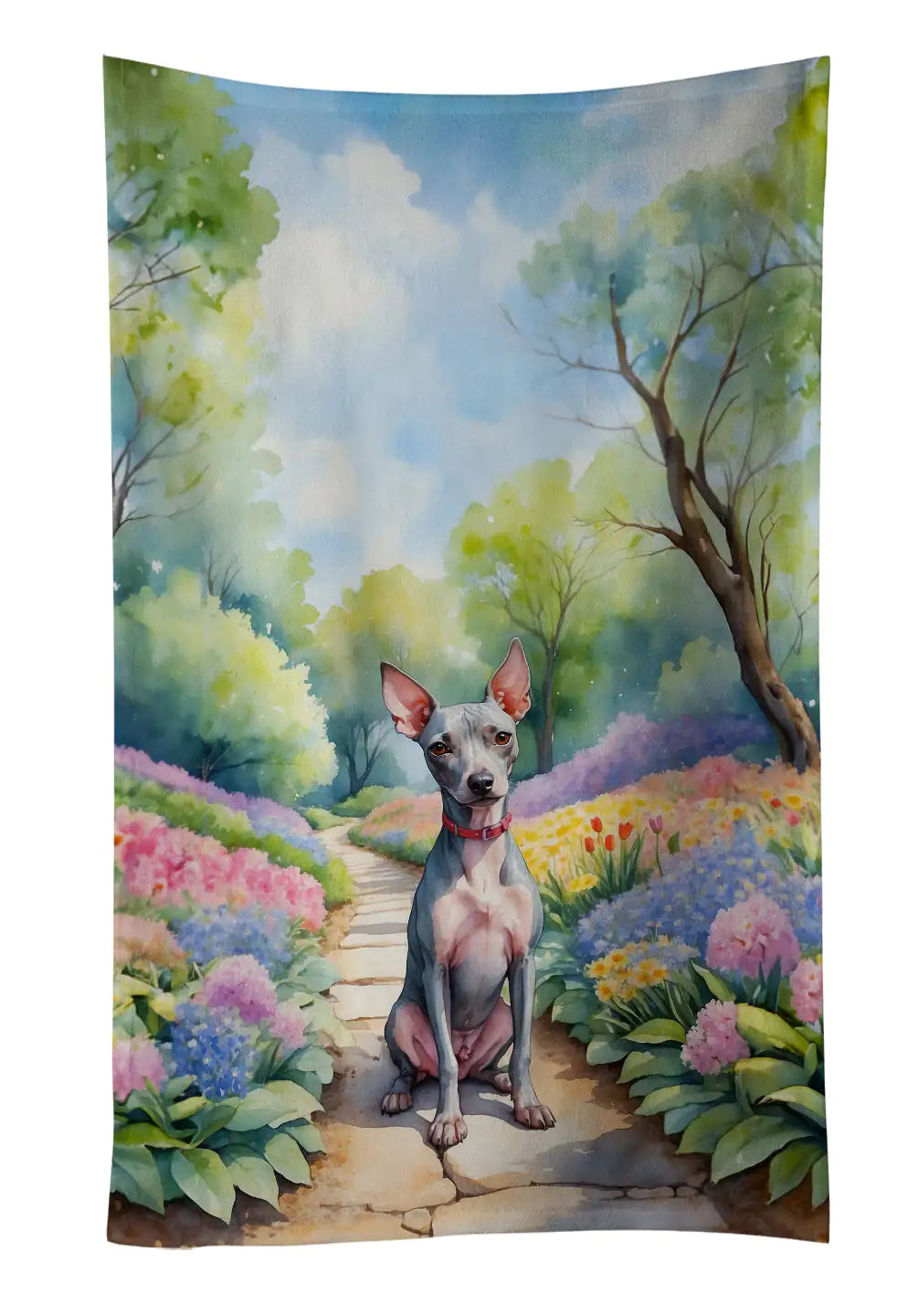 American Hairless Terrier Spring Garden Kitchen Towel WEM Support (www.WEM.support)