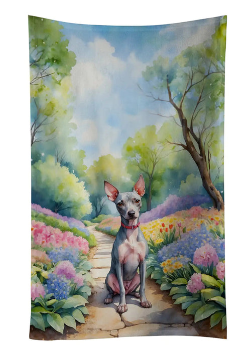 American Hairless Terrier Spring Garden Kitchen Towel WEM Support (www.WEM.support)