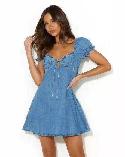 Chic Hollow Denim Puff Dress - Catch Cards